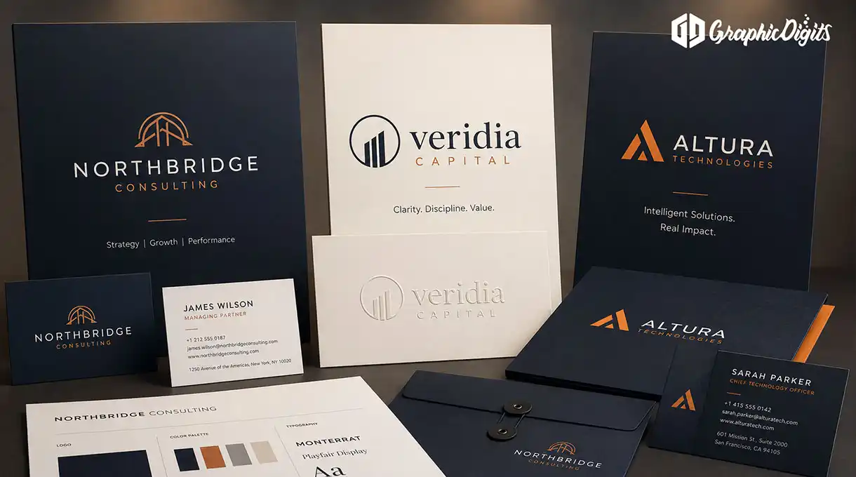 Corporate logo design examples showing mark and lockup applications