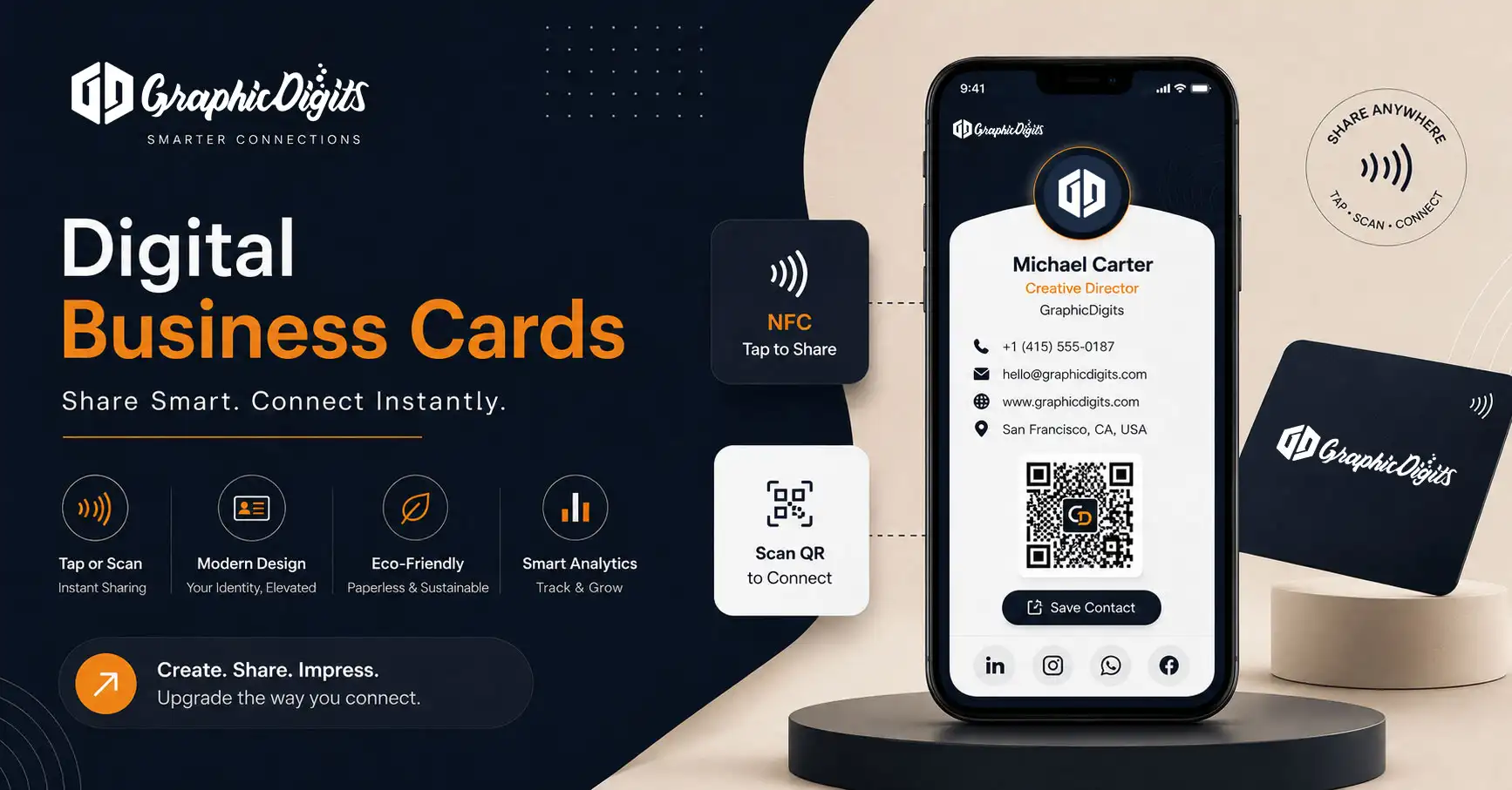 Digital business cards with QR code and contact sharing interface