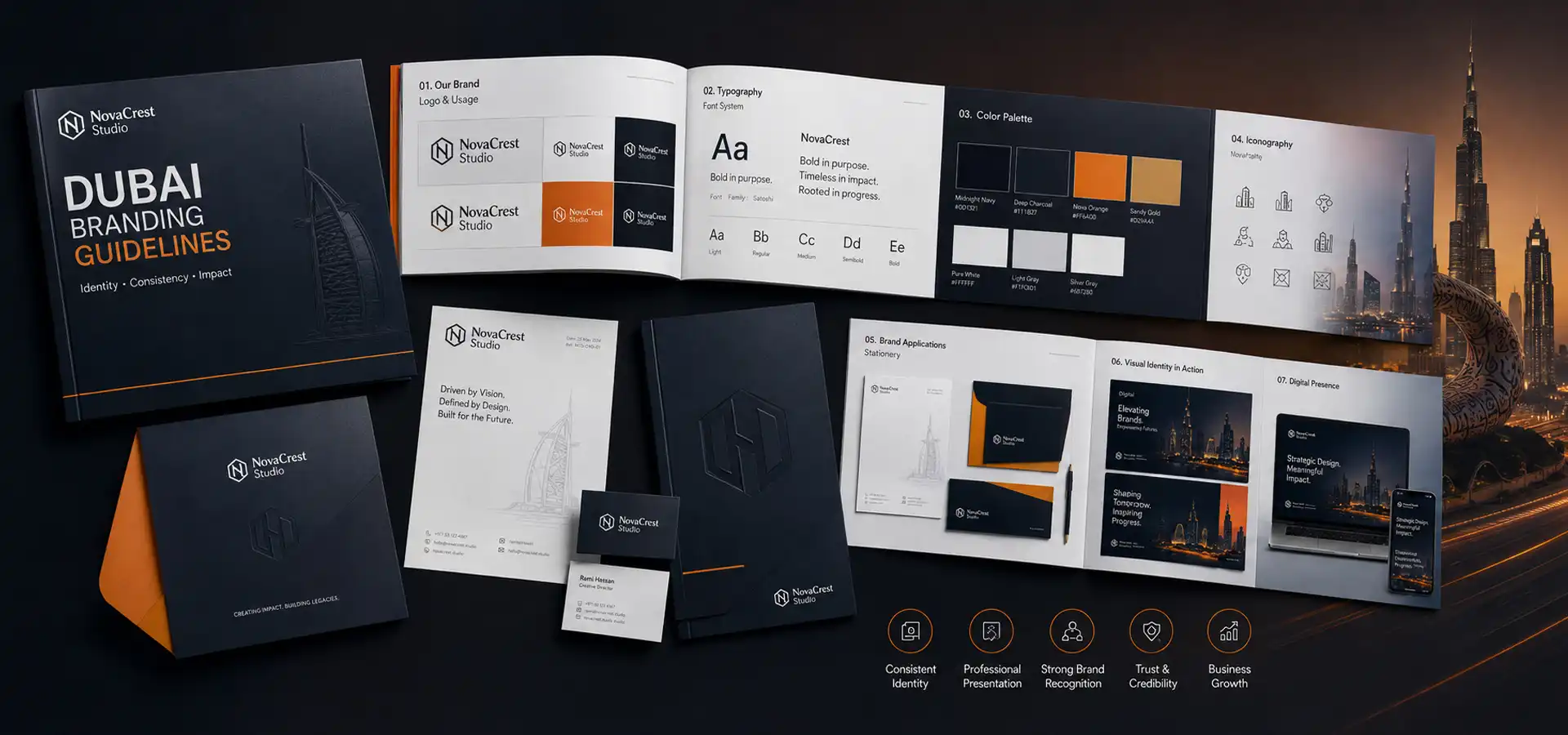 Brand guidelines and identity kit system for a Dubai branding project