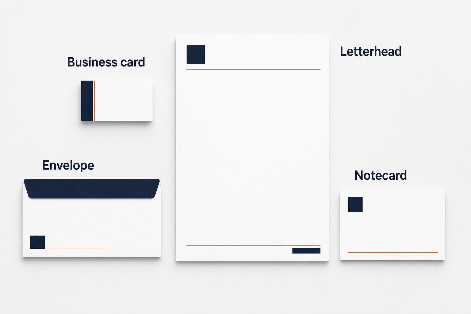 Labeled anatomy of a business stationery set: business card, letterhead, envelope and notecard