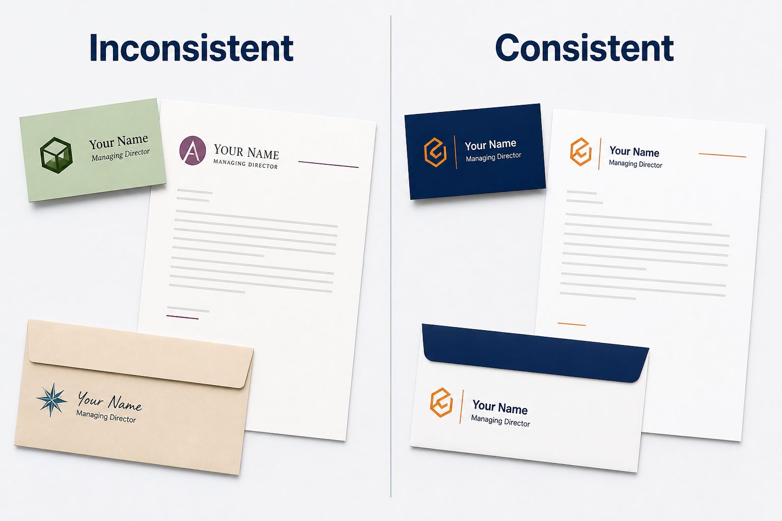 Side-by-side comparison of inconsistent versus consistent branding across business cards, letterhead and envelopes