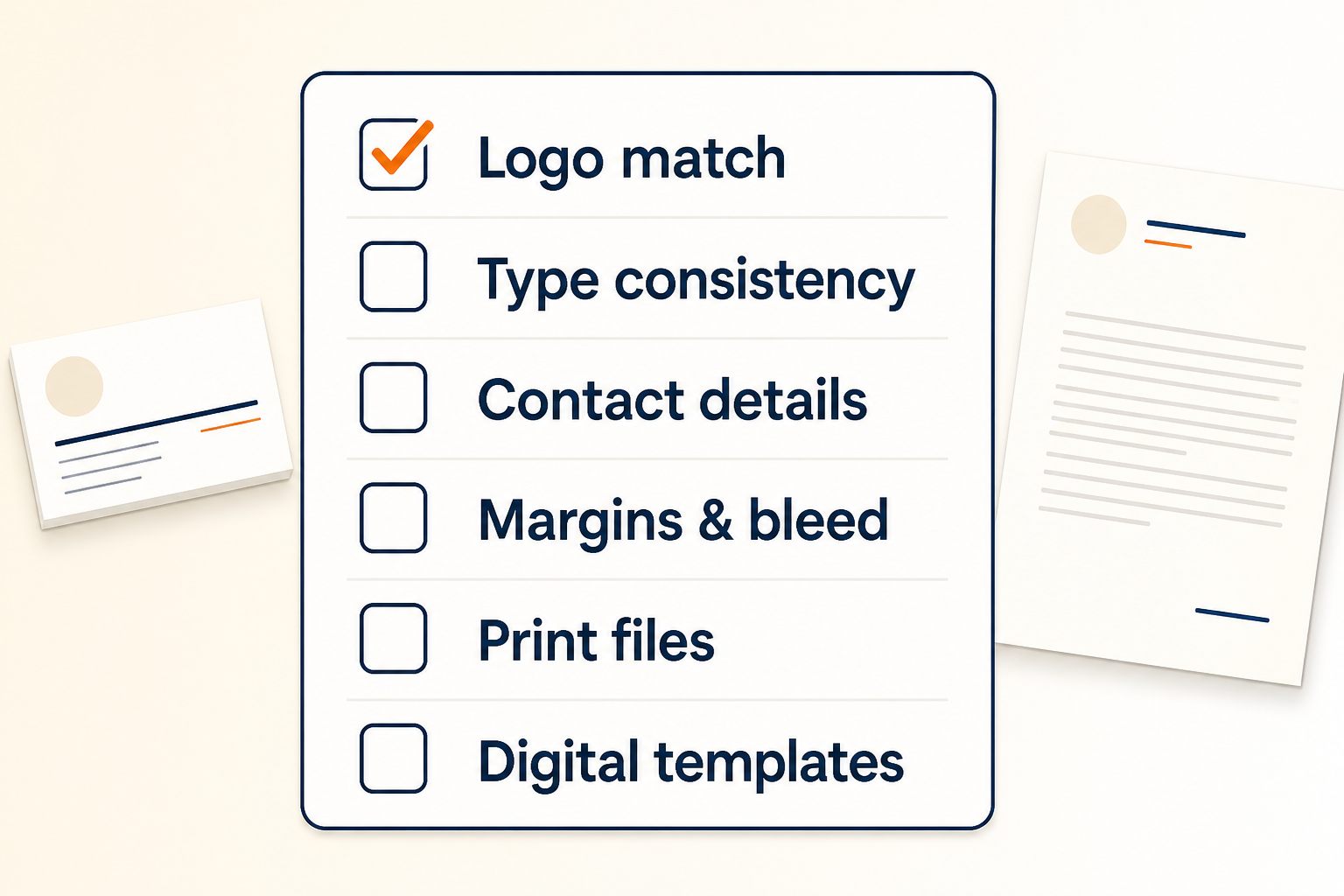 Pre-design checklist for matching logos, type, contact details, margins, print files and digital templates