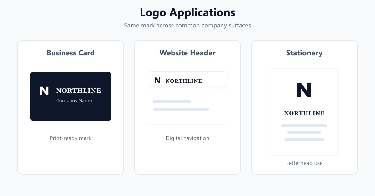 Educational diagram of the same company logo applied to business card, website header and stationery