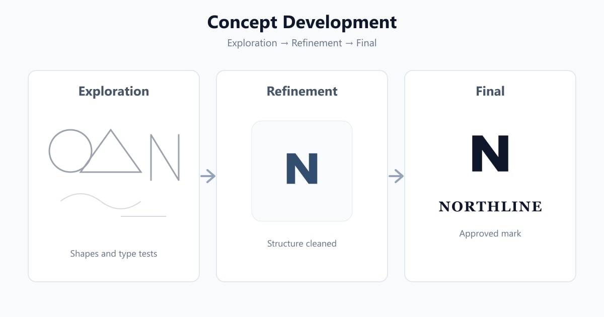 Educational concept development diagram from logo exploration to refined final mark