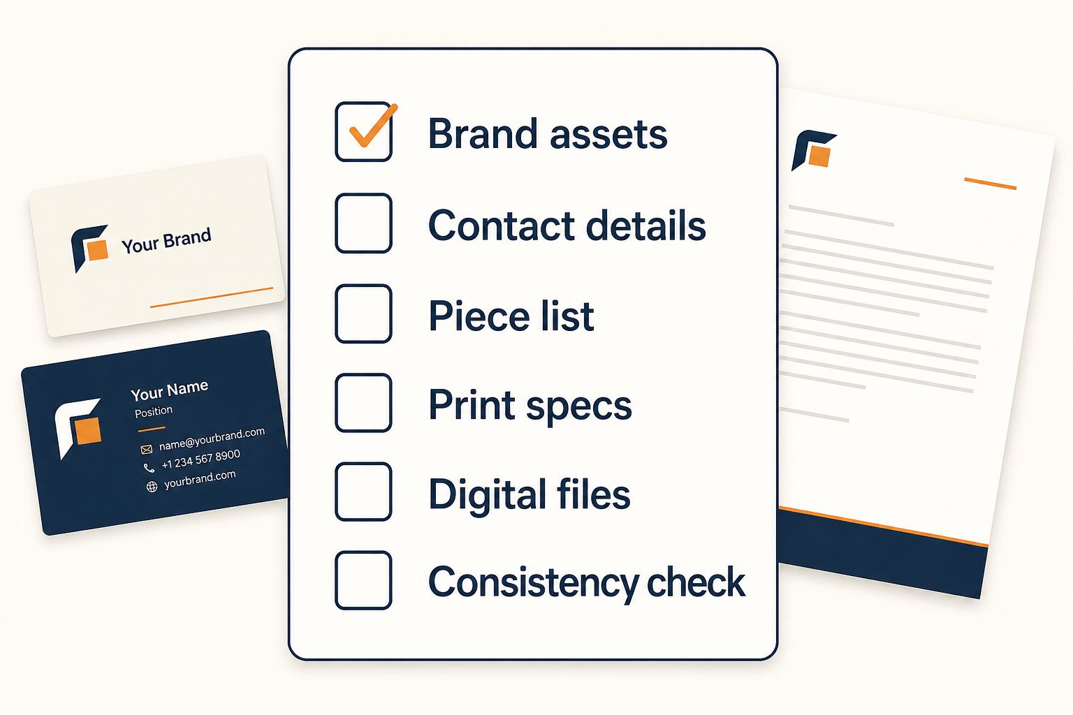 Custom stationery preparation checklist covering brand assets, contact details, print specs and digital files