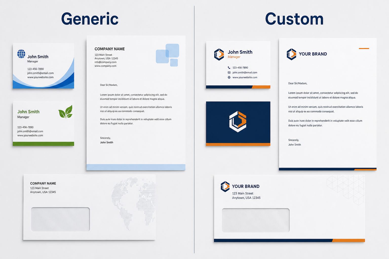 Side-by-side comparison of generic template stationery versus brand-tailored custom stationery