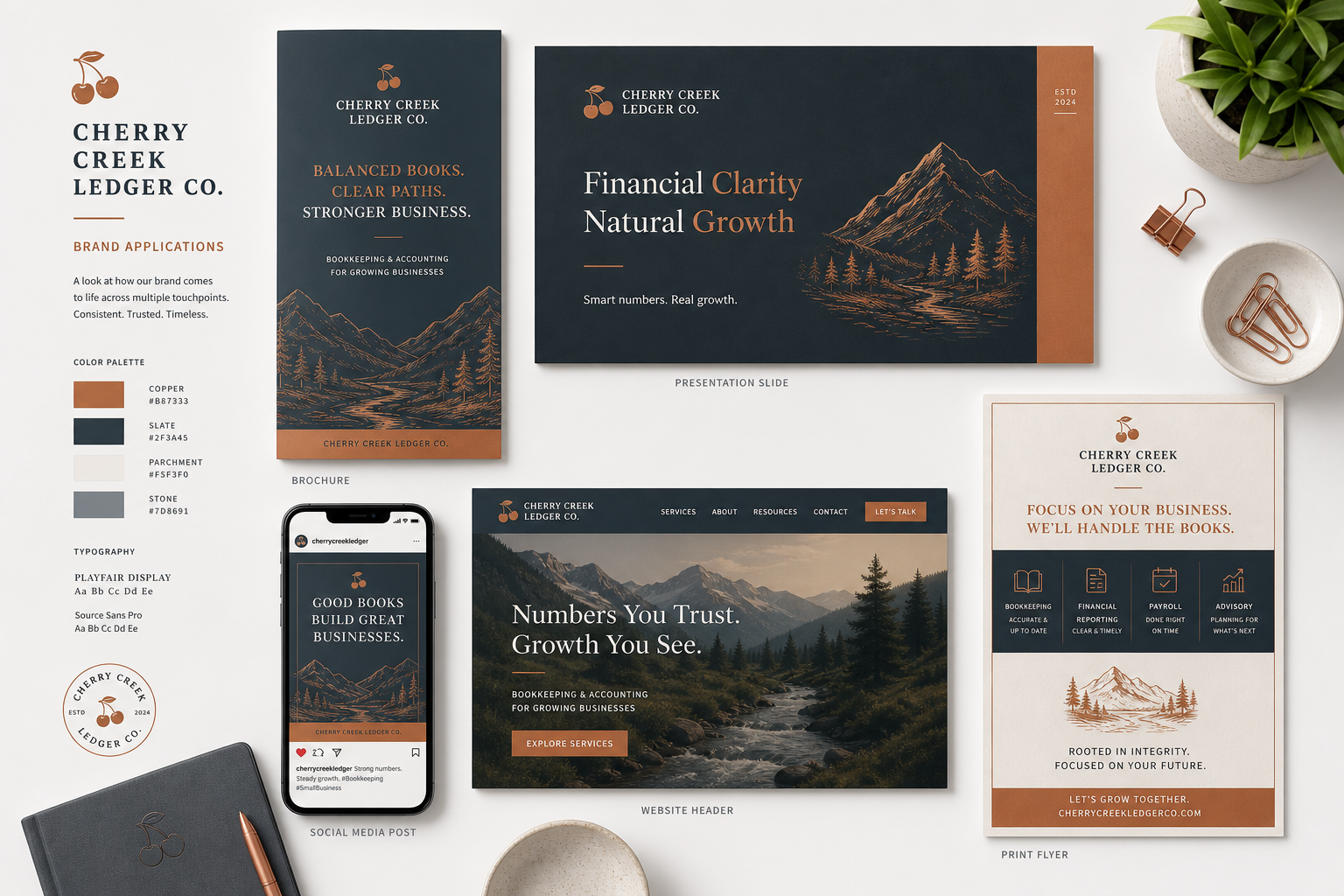 Educational applications flat lay showing fictional Cherry Creek Ledger Co. brand across brochure, presentation, social, web and print formats