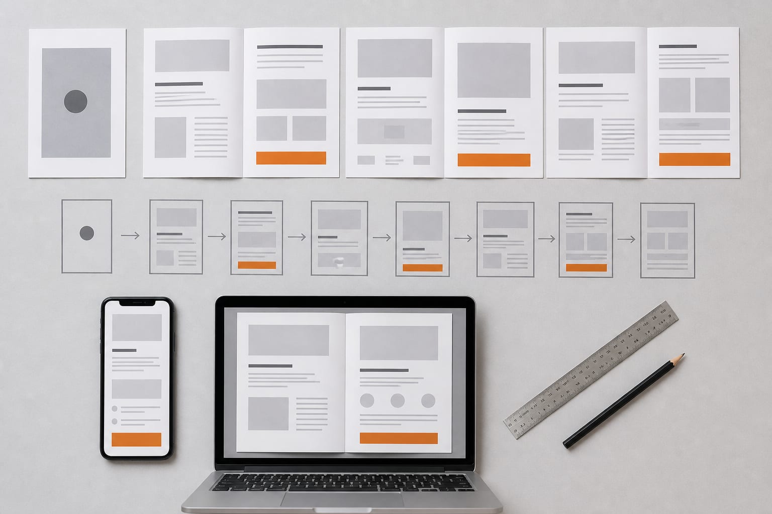 Digital brochure layout hierarchy with cover, sections and call-to-action zones