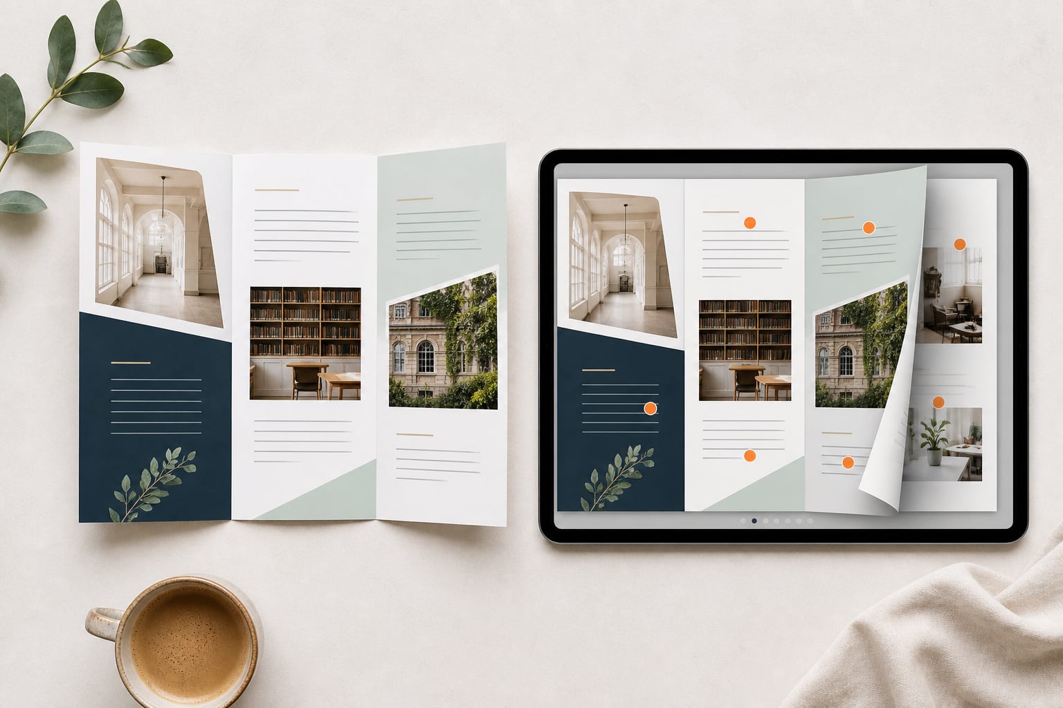 Printed folded brochure compared with a digital brochure on a tablet