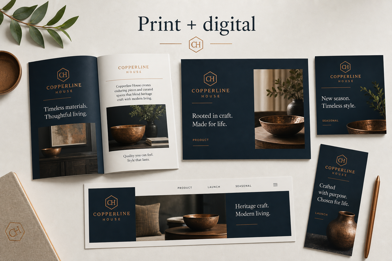 Educational applications flat lay showing fictional Copperline House brand across brochure, presentation, social, web and print formats