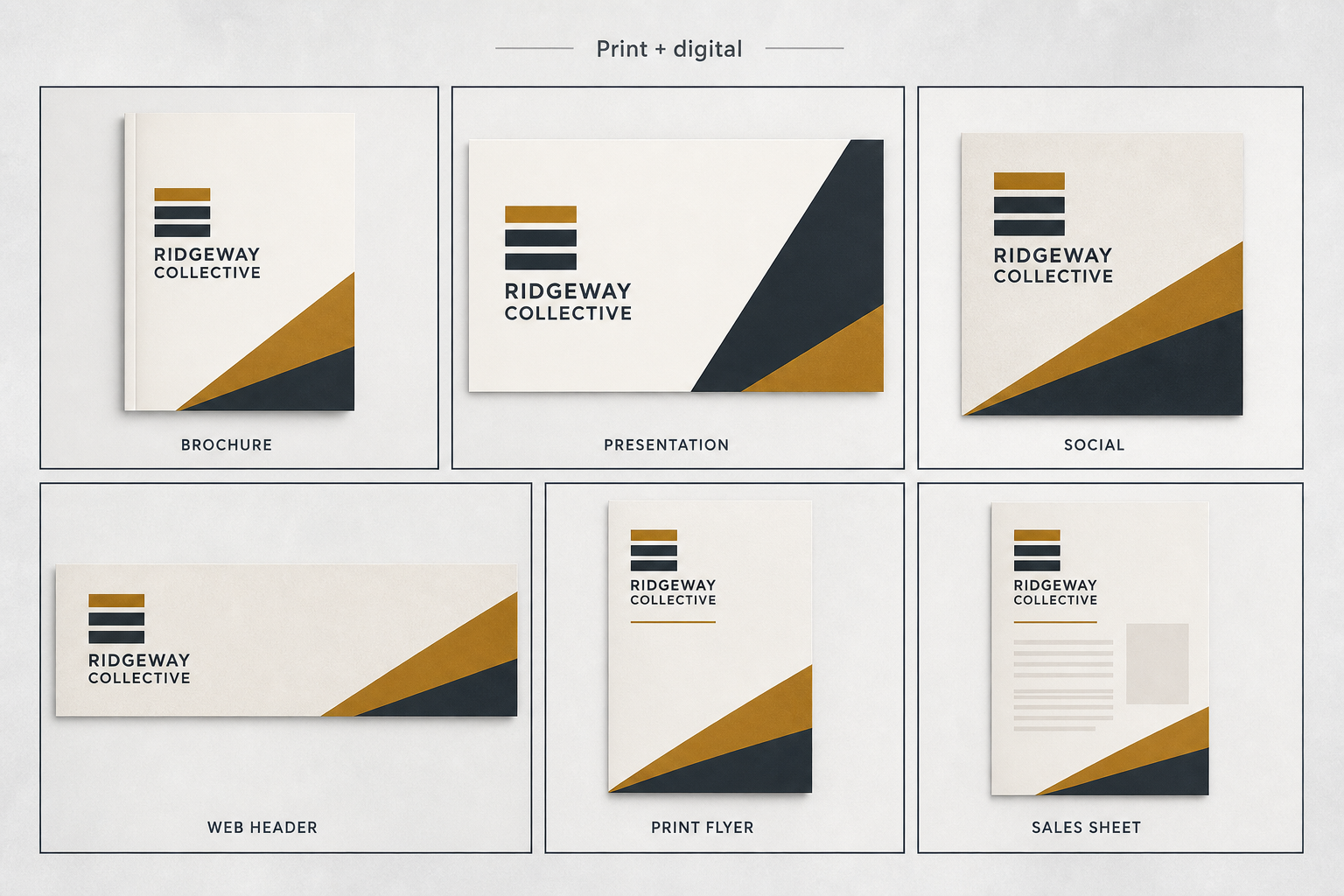 Educational applications matrix showing fictional Ridgeway Collective brand across brochure, presentation, social, web and print formats