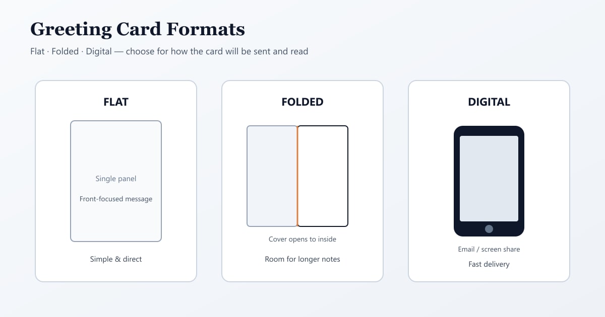 Greeting card format comparison of flat, folded and digital cards