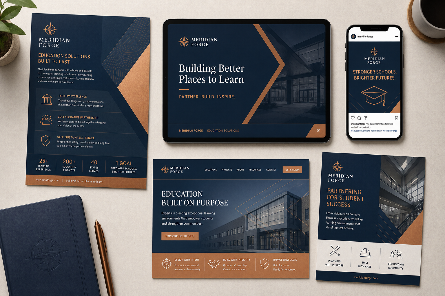 Educational applications flat lay showing fictional Meridian Forge brand across brochure, presentation, social, web and print formats