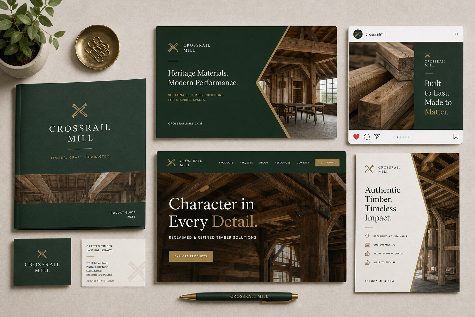 Educational applications flat lay showing fictional Crossrail Mill brand across brochure, presentation, social, web and print formats