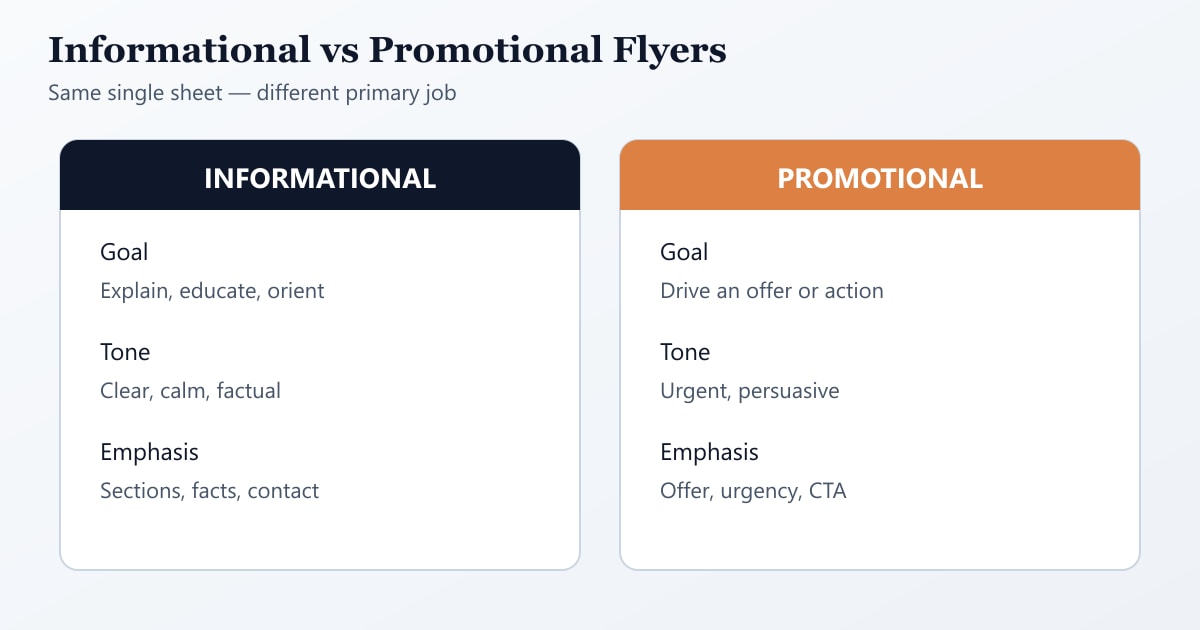 Comparison of informational versus promotional flyer goals, tone and emphasis