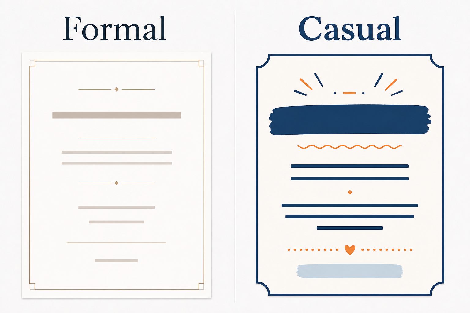 Side-by-side comparison of formal versus casual invitation content hierarchy