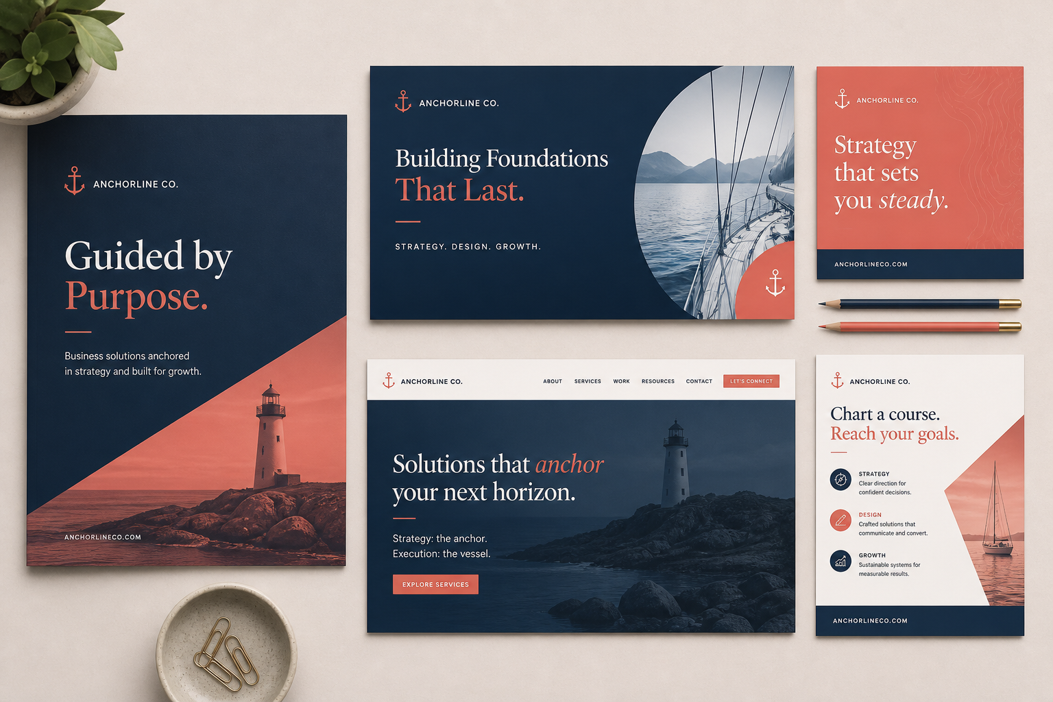 Educational applications flat lay showing fictional Anchorline Co. brand across brochure, presentation, social, web and print formats