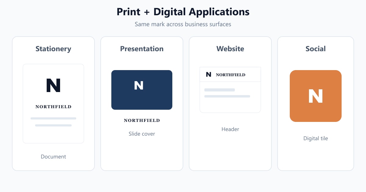 Educational diagram of the same fictional brand applied across stationery, presentation, website and social formats