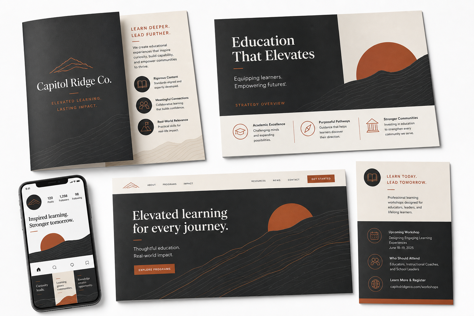 Educational applications flat lay showing fictional Capitol Ridge Co. brand across brochure, presentation, social, web and print formats