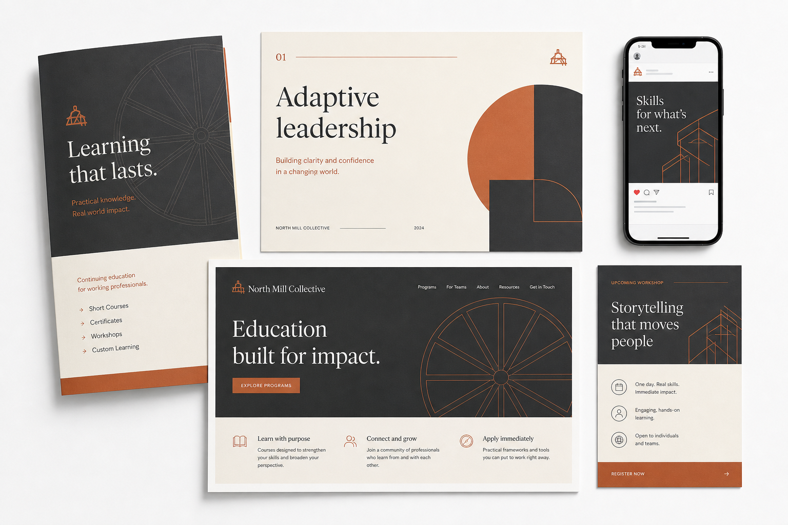 Educational applications flat lay showing fictional North Mill Collective brand across brochure, presentation, social, web and print formats