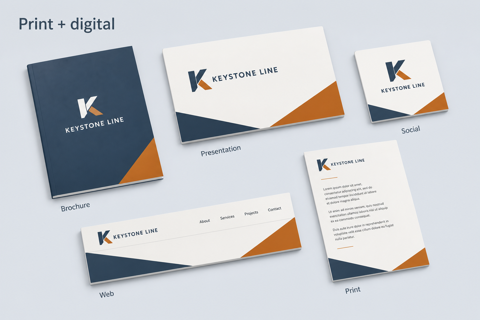 Educational applications board showing fictional Keystone Line brand across brochure, presentation, social, web and print formats