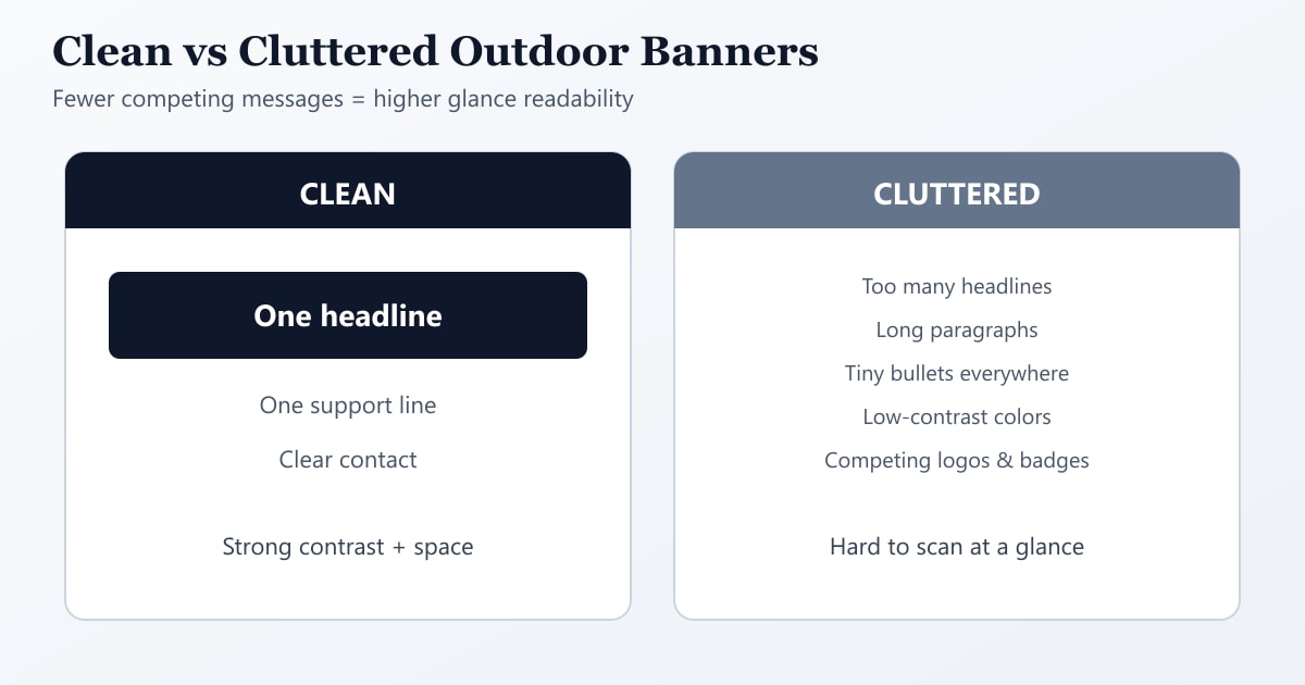 Comparison of a clean outdoor banner layout versus a cluttered layout