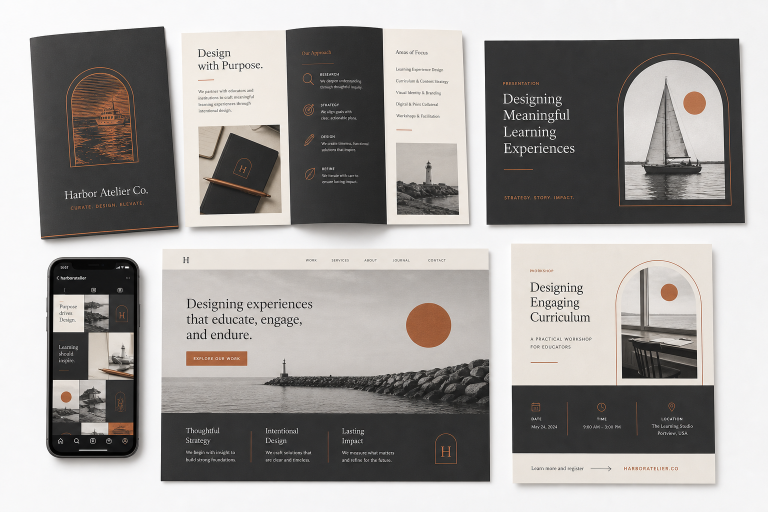 Educational applications flat lay showing fictional Harbor Atelier Co. brand across brochure, presentation, social, web and print formats