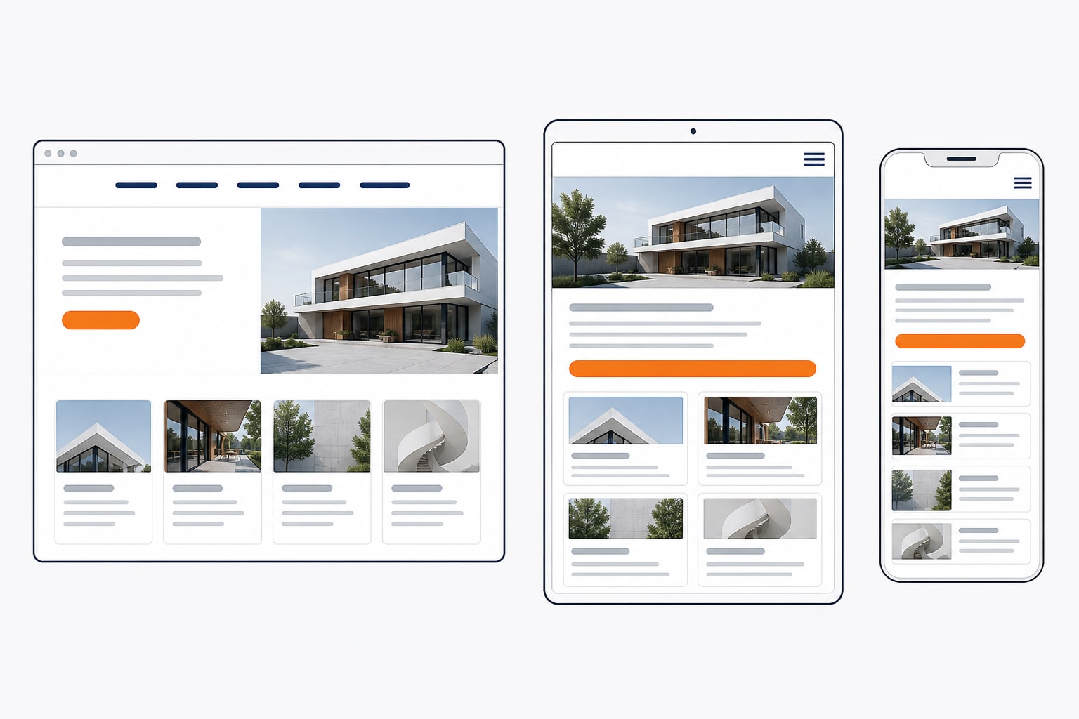 Same website UI adapting across desktop, tablet and smartphone layouts