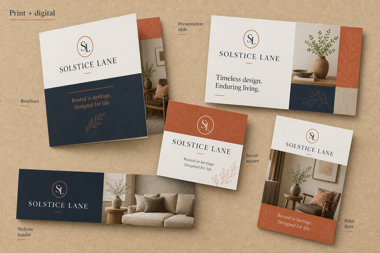 Educational applications collage showing fictional Solstice Lane brand across brochure, presentation, social, web and print formats