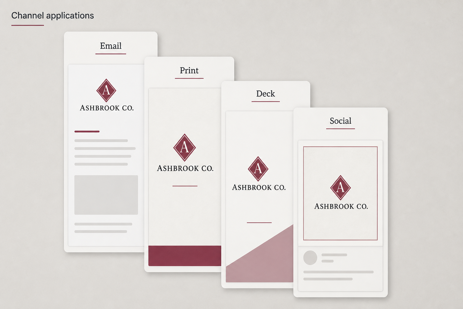 Educational stacked channel cards showing fictional brand applied across email, print, presentation and social