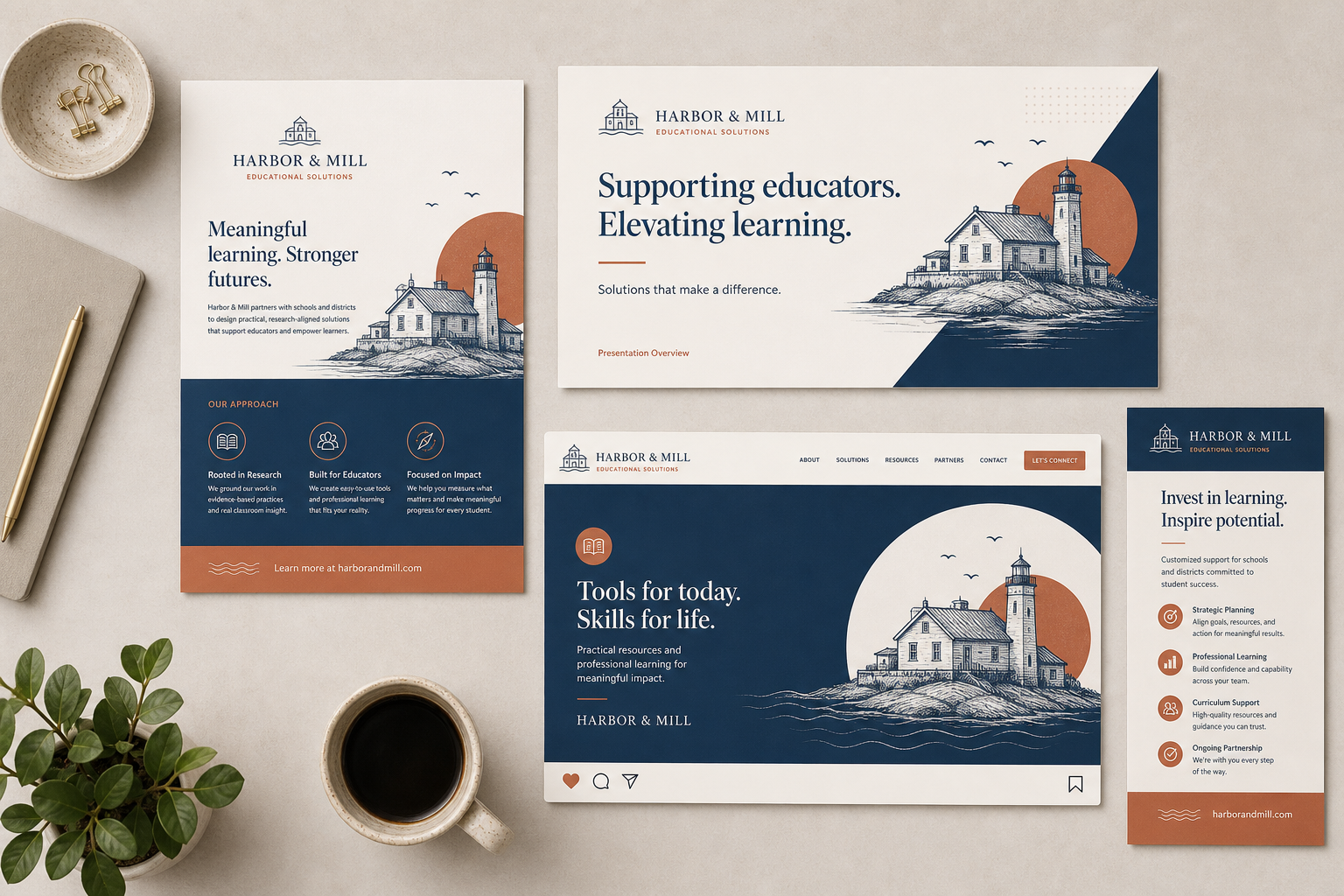 Educational applications flat lay showing fictional Harbor & Mill brand across brochure, presentation, social, web and print formats
