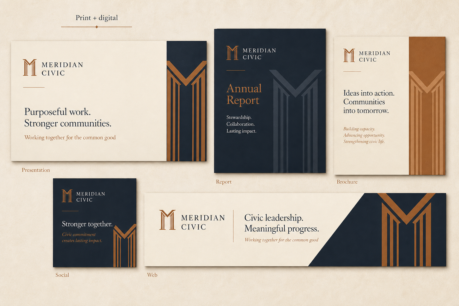 Educational applications board showing fictional Meridian Civic brand across presentation, report, brochure, social and web formats