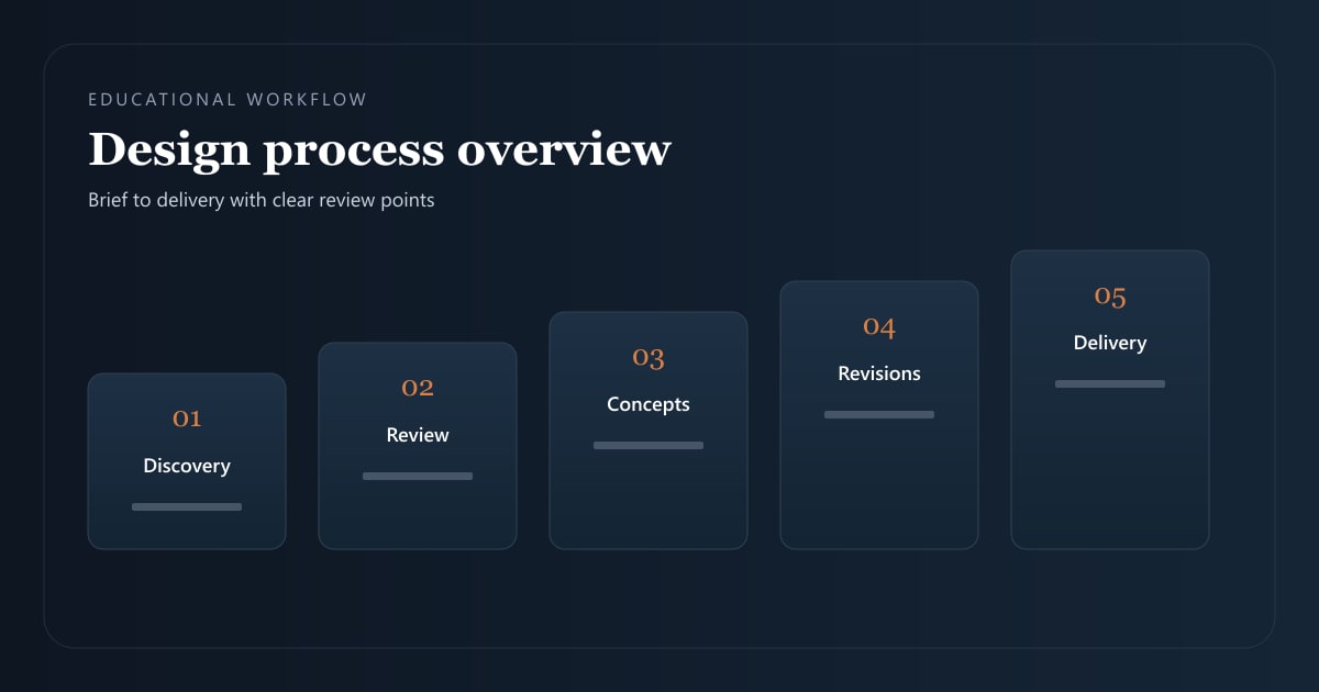 Educational design process diagram from discovery and review through concept, revisions and delivery