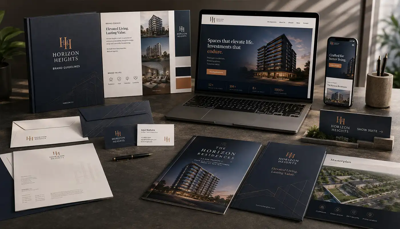 Professional brand identity applications for a real estate branding project